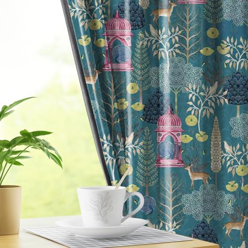 LINENWALAS Pichwai Printed 100% Blackout Curtains for 6 Feet Window Set of 2 Panels, Thermal Insulated, Noise Reducing Luxury Drapes, Heritage Art Inspired Premium Curtains for Living Room (Teal)