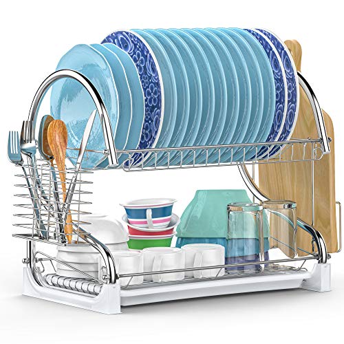 Dish Rack, Cambond 2 Tier Dish Drying Rack with Drain Board, Utensil Holder