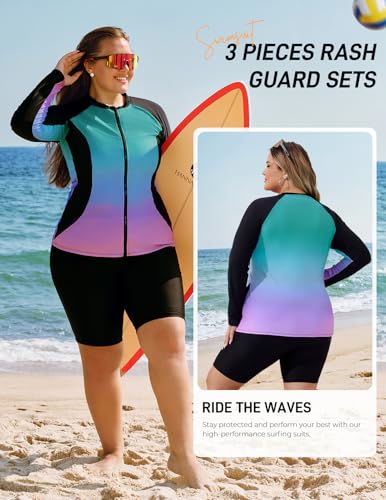 Hanna Nikole Women Three Pieces Plus Size Zip Up Rash Guard Shirt U Neck Bathing Suits Gradient-Blue Pink 18 Plus - Thumbnail 3
