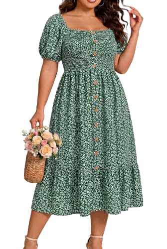 Plus Size Summer Boho Dresses Green Ditsy Floral Spring Beach Midi Flowy...