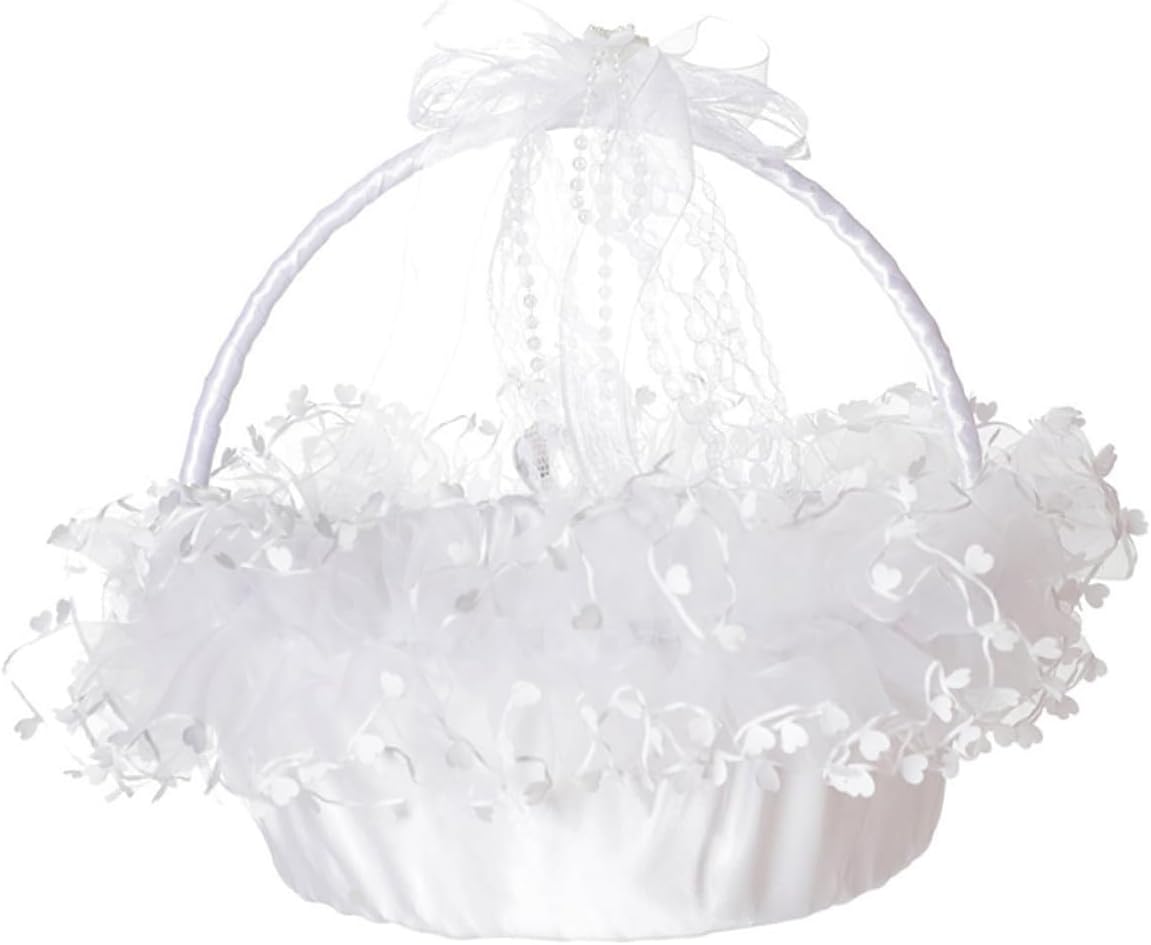 Totority Lace Decorative Wedding Flower Girl Basket Handheld Foldable White Lace Design Basket for Wedding Ceremony and Party Supplies,