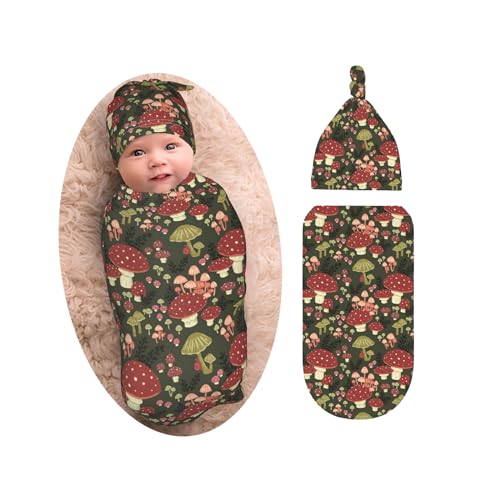 Image of Cute Mushroom Newborn Swaddle Blanket with Beanie Set, Soft and Stretchy Baby Blanket Swaddle Sack for Boy and Girl