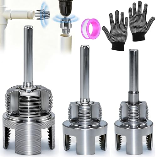 3PCS PVC Pipe Threader Set 1/2 3/4 1 Internal External Pipe Threading Tool Dual-Function Carbon Steel Thread Cutter with Electric Drill Adapter Pipe Wrench for Plumbing Pipefitter Home Repair