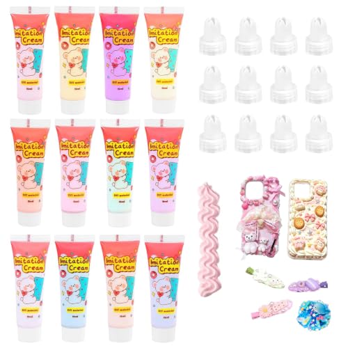 Mesenymm Cream Glue 12 PCS 15ml Simulation Cream Glue Kit DIY Phone Case Kit with 12 PCS Piping Tip for Case Craft Party Birthday Gifts Mirror Jewelry Accessories