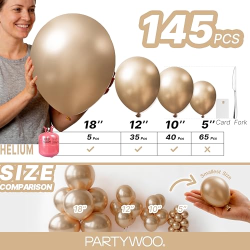 Image of PartyWoo Metallic Gold Balloons 145pcs Different Sizes of 18 12 10 5 Inch Chrome Gold Balloon Arch Kit Garland for Birthday Graduation Baby Shower Wedding Bachelorette Party Decorations Gold-G127