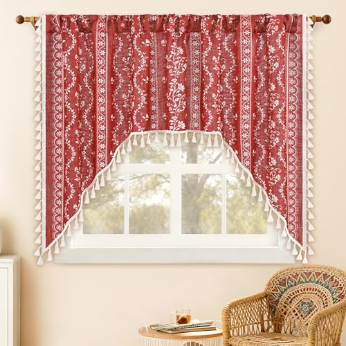 Image of Yinhua Boho Swag Valance Curtains Vintage Linen Valances for Windows Light Filtering Floral Kitchen Valance Rod Pocket Farmhouse Rustic Tassel Window Valances for Bathroom Cafe, 60 inch W x 36 inch L, Red