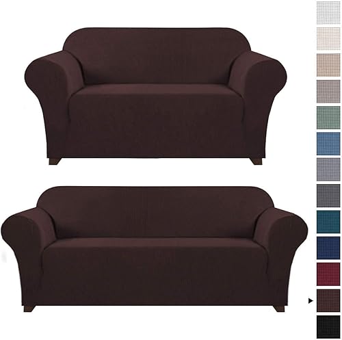 Funda elástica para sofá biplaza, protector de muebles, patrón a cuadros, extraíble y lavable, color marrón