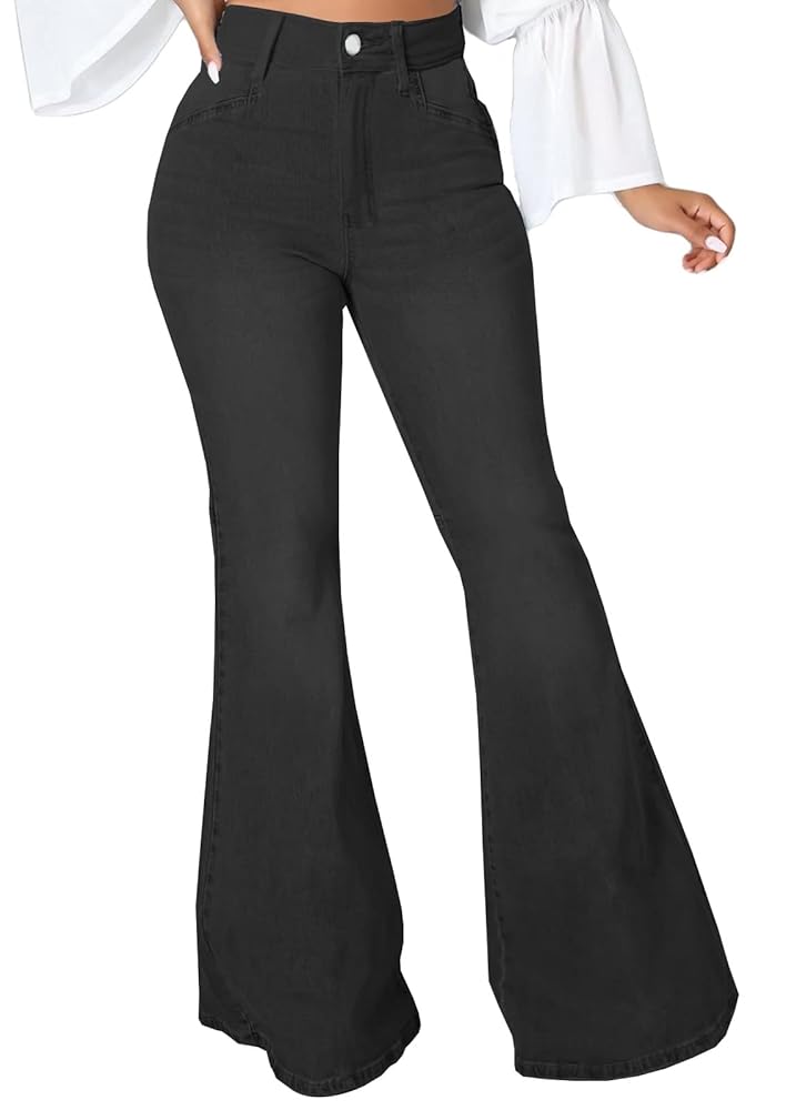 Women Bell Bottom Jeans Sexy Ripped Black Distressed Flare