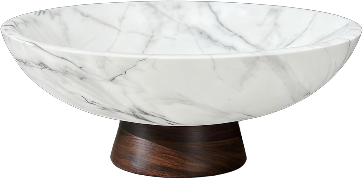 White Marble Texture Decorative Bowl with Acacia Wood Base – 11" Modern Pedestal Fruit Bowl for Table Centerpiece, Entryway or Kitchen Décor