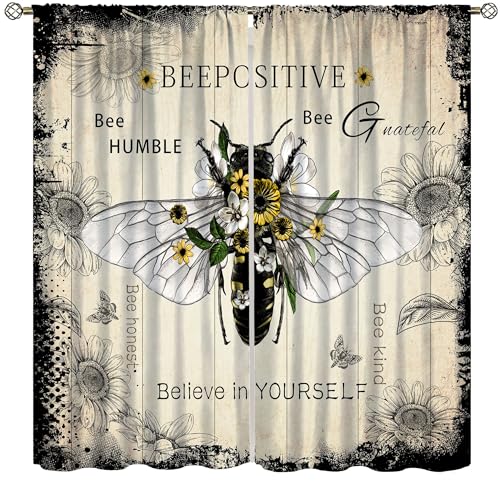 wlsgdsg Bee Curtains,Vintage Rustic Old Sunflower Bee Nature Flower Plant Farmhouse Window Treatments Rod Pocket Drapes for Girls Living Room Bedroom Kitchen 42x45in（No Blackout）