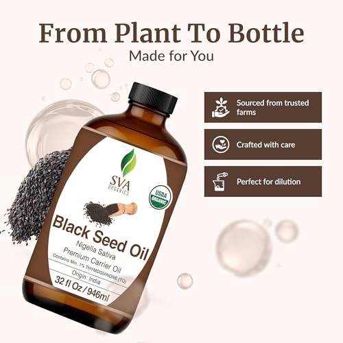 Image of SVA Black Seed Oil Organic - 32 Fl Oz - 100% Natural Cold Pressed Organic Black Seed Oil - for Face, Skin Care, Hair Care, Scalp Massage & Body Massage - Carrier Oil