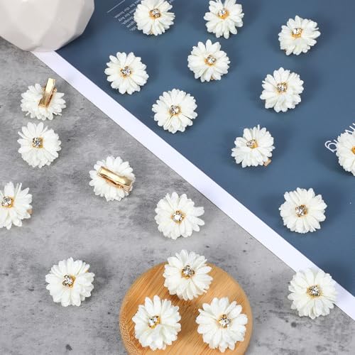 Ymapinc 24Pcs Small White Flower Hair Clips for Women, Mini Fake Daisy Hair Clips with Rhinestone, Elegance Soft Fabric Floral Pins Daisy for Women Wedding Party Accessories