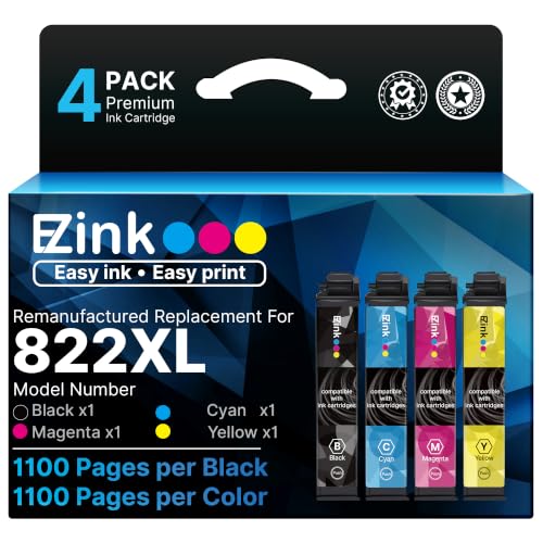 Image of E-Z Ink Remanufactured Ink Cartridge Replacement for Epson 822XL Ink Cartridges Combo Pack for 822 Ink Cartridges for WF-3820 WF-3823 WF-4820 WF-4830 WF-4833 Printer (4Pack Black Cyan Magenta Yellow)