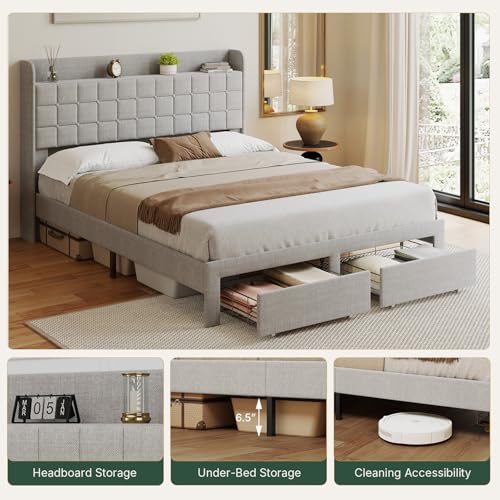 Image of Queen Size Storage Bed Frame, Square Tufted Headboard, Platform Bed with 2 Underbed Drawers at Foot, Wooden Slats Support, No Box Spring Needed, Light Gray