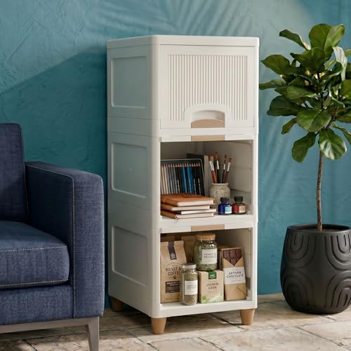 Image of 3 Layer Plastic Wardrobe for Clothes : Versatile Plastic Cupboard for Storage Organizer & Organisers Storage Box for Ideal for Neat and Tidy Storage Solutions Almirah for Clothes-White