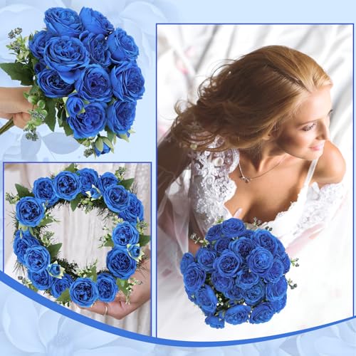 Image of 8 Pack Royal Blue Peonies Artificial Flowers, Faux Floral Fake Silk Hydrangea Bouquet for Bridal Wedding Home Table Decor Reusable Dining Opening Ceremony Birthday Arrangement