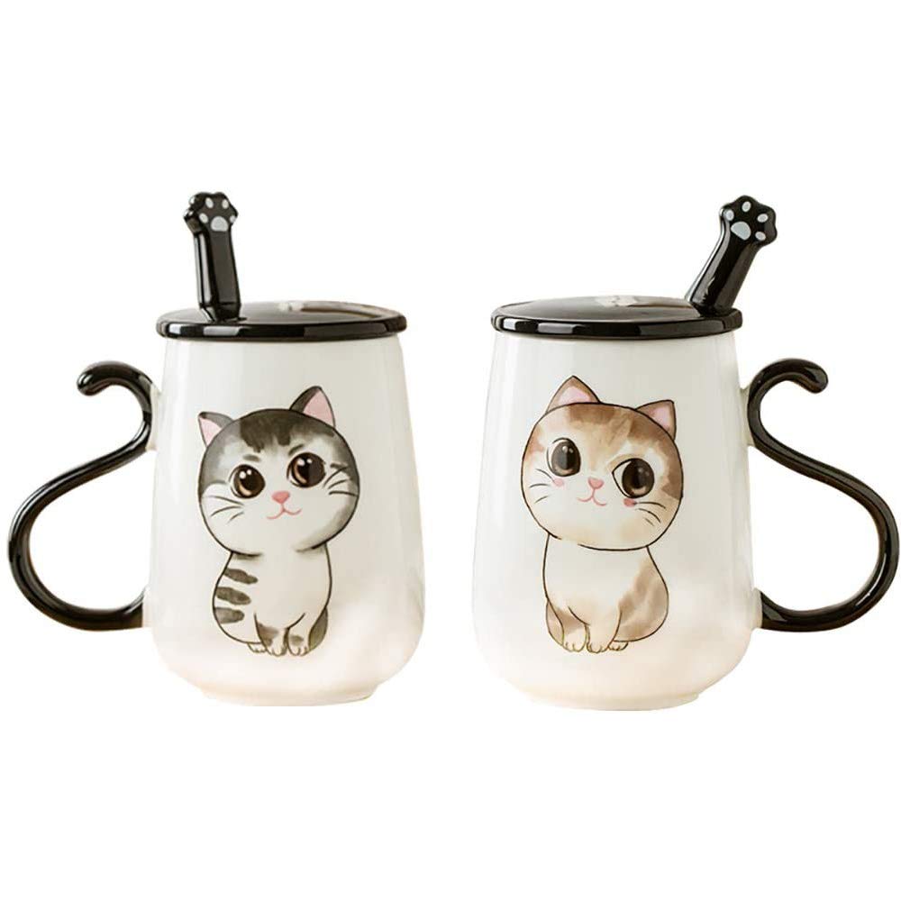 ZHOUXIAO Simpatica Tazza in Ceramica di Gatto con Coperchio e Cucchiaio, Tazza in Ceramica per caffè, Coppie Tazza da caffè per tè al Latte per Ragazze, Tazza da Viaggio in Ceramica Manico (F)