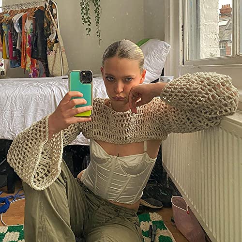 Women's Crochet Knit Crop Top Pullover Sweater Long Sleeve Hollow Out Square Neck Shirt Summer Streetwear Men Casual Sweaters (Beige, One Size) #TOP1