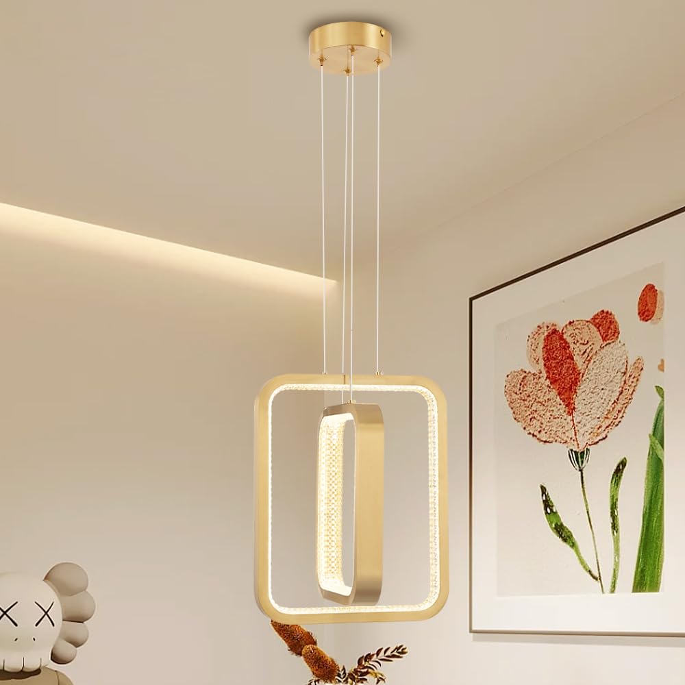 Vaziden Gold Modern LED Chandelier, Rectangular Pendant Light 25W 3000K Dimmable Height-Adjustable Modern Chandelier for Dining Room Living Room Bedroom Kitchen Island Foyer Stairway