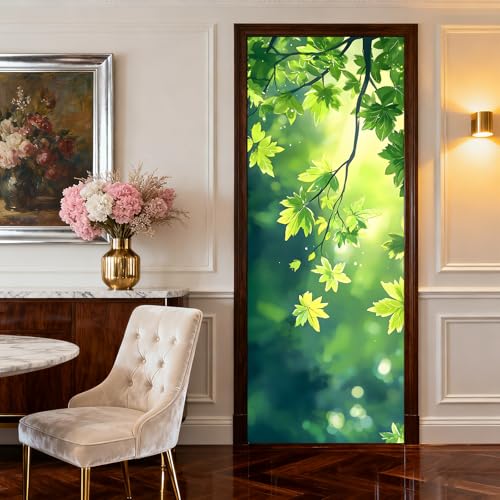 Image of Nuxovilar Green Leaves Door Stickers Peel Stick PVC 30.3x78.7 in Cover | Door Stickers Wall Decals Peel Stick Cover Vinyl Art Poster Bedroom Living Room (Green Leaves)