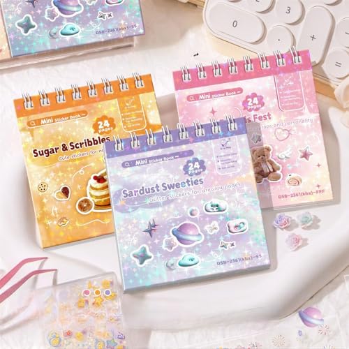 FunBlast Set of 3 Mini Sticker Books with Craft Tweezer - 72 Sheets/4320+ Stickers, Kawaii Glitter Sticker Book for Nail Arts, Scrapbooking, Journaling, DIY Craft, Planner Decoration Stickers
