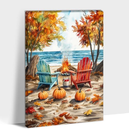 KISTIKAT Vintage Fall Wall Art Autumn Beach Coastal Canvas Campfire