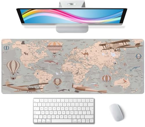 Grand tapis de souris de jeu, base en caoutchouc antidérapant, tapis de souris pour clavier avec bords cousus, 80 x 30 cm, carte du monde rétro avec ballons et animaux