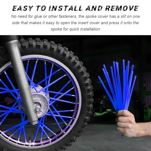Image of 72PCS Dirt Bike Spoke Covers, Motorcycle Spoke Skins Wheel Wraps Pipe for 8 inch-21 inch Rims, Dustproof Wheelchair Rim Decoration Protector Pipe Trim for Bicycle Dirt Pit Bike (Dark Blue)