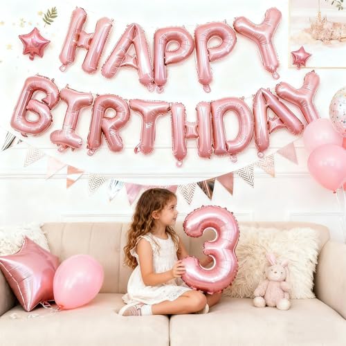 Image of Pink Happy Birthday Balloon Banner Set -16 Inch Foil Letters Balloons, Reusable Birthday Decorations and Party Supplies, Suitable for Men and Women's Birthday Decorations,Party Backdrop