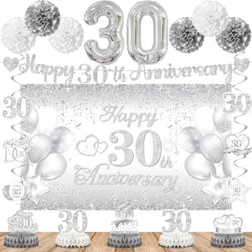 Silver 30th Wedding Anniversary Decorations Banner 30th Anniversary Table Centerpieces Hanging Swirls Tissue Pompoms Foil Balloon for 30 Years Silver Wedding Party Decoration Supplies