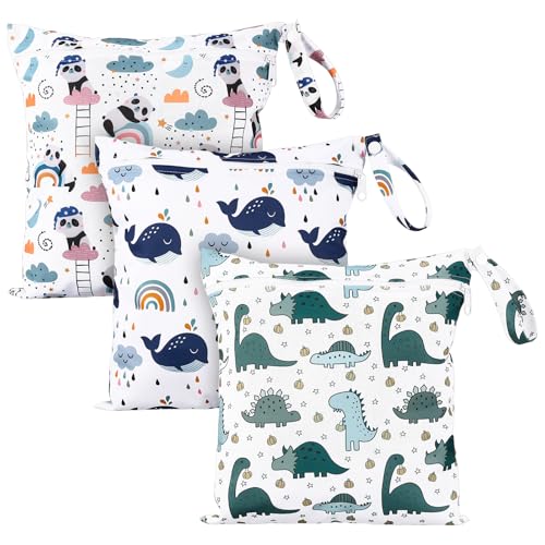 Kaisibum 3 Stück wasserdichte Windeltasche Stoffwindeln Nasstaschen Große Wickeltasche Wetbag Kindergarten Wet Dry Cloth Windeltasche mit Reißverschluss für Baby Reisen Unterwegs(Panda+Wal+Dinosaurie)