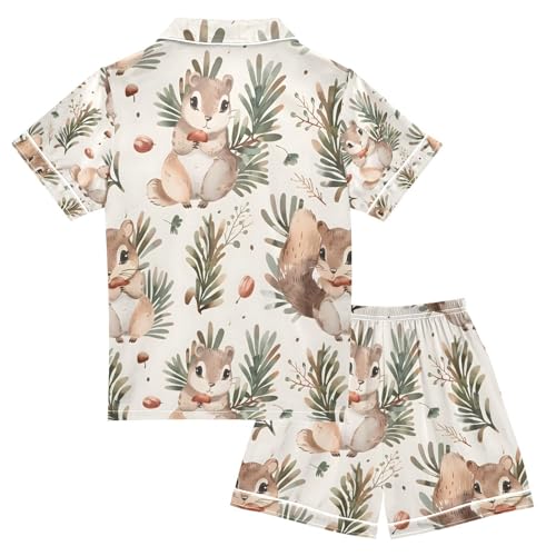 senya Cute Cartoon Squirrel Satin Summer Pajama Sets Silk Short Sleeve Button Down Sleepwear2