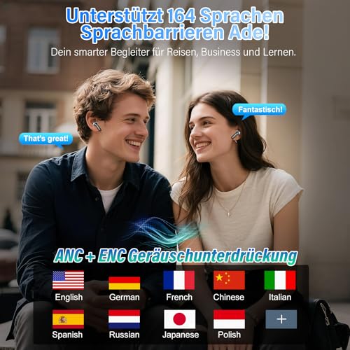 KI Übersetzer Kopfhörer, 3-in-1 Echtzeit Sprachübersetzer Kopfhörer 164 Sprachen mit ANC Mic & App, Bluetooth 5.4 Kopfhörer Übersetzer mit 7 Modi, 48H Übersetzer Ohrhörer für Lernen/Reisen/Business