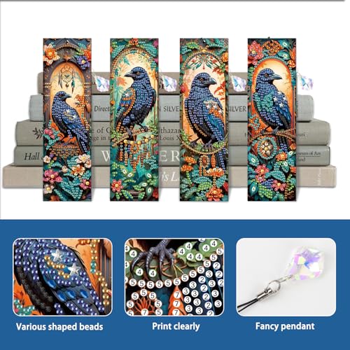 Image of 4-Piece Diamond Painting Bookmarks Set for Adults - DIY 5D Rhinestone Art Bookmarks with Tassels, Crow Design Diamond Art Bookmarks for Crafts and Gifts, Ideal Gift for Book Lovers