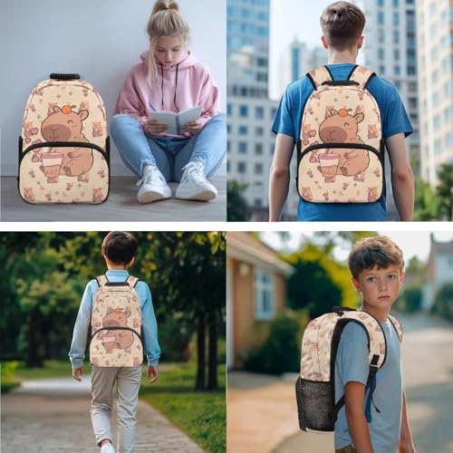 School Backpack for Kids Girls Teens,Milk Tea Capibara 3pcs Daypack Fully Printed Knapsack Insulated Thermal Lunch Box Large Pencil Case Stationery Zipper Pouch2