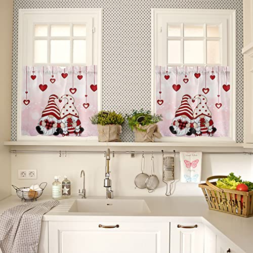Valentines Kitchen Curtains Set Small Half Curtains 24 Inches Length, Pink Ombre Gnomes Tier Curtains And Valance Set, Red Love Heart Roses Curtain Window Treatment Draperies For Cafe Bathroom Bedroom #TOP3