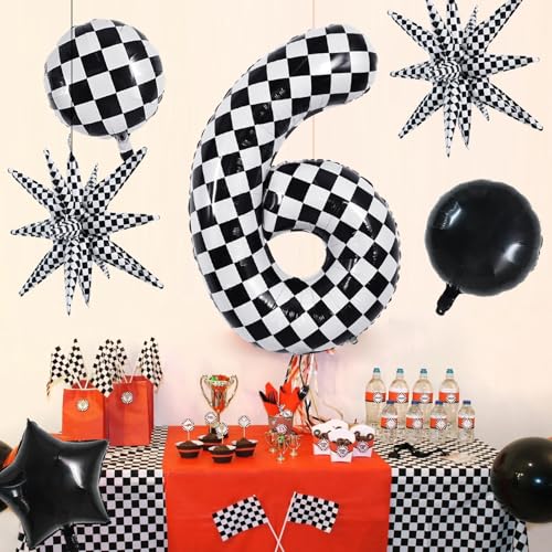 Image of TONIFUL 6th Birthday Balloons Kit 40 Inch Checkered Number 6 Foil Balloon
