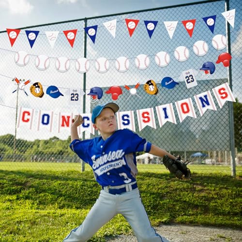 Image of Pre-Strung Baseball Party Decorations with Concessions Banner, Sports Themed Birthday Supplies, Triangle Bunting Pennant Flag
