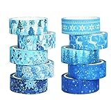 Winter Washi Tape Set 10 Rolls, Blue Holiday Washi Masking Tape 15mm Wide 5M Long, Snowflake Flower Tree Deer Blue Washi Tape for Journal Bullet, Planner, Scrapbooking, DIY Arts Crafts, Gift Packaging