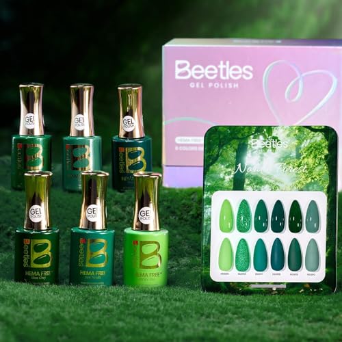 Image of Beetles Green Gel Nail Polish - HEMA-Free 15ML Full Size 6 Colors Light Emerald Dark Green Glitter Color Gel Nail Polish Set Soak off UV Led Lamp Needed Manicure DIY Salon Home Gifts for Women