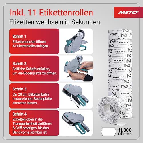 Meto Basic S Starter Kit inkl. 11.000 Etiketten – Preis, Datum, MHD (1-zeilig, 8-stellig für 22x12 mm Etiketten, sofort einsatzbereit) Handauszeichner + 11 Etikettenrollen