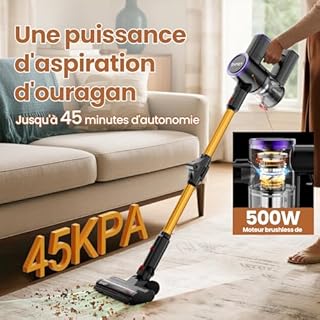 Zynet S9 Aspirateur Balai sans Fil, 45kPa/500W/45Min Aspirateur sans Fil, Tube Pliable, Station de Charge Autonome et Murale, avec Lumière Verte, Adapté aux Poils d'animaux/Tapis/Sols Durs