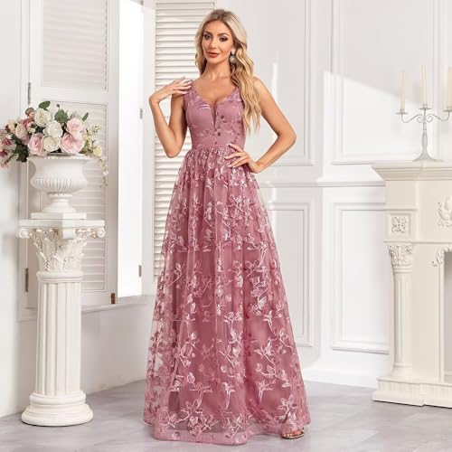 Image of Embroidery Tulle Maxi Formal Dresses V Neck Hight Waist Bridesmaid Dresses Dusty Rose Sleeveless Evening Prom Dresses, Medium
