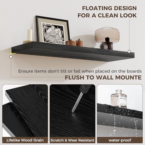 Image of Fun Memories 24 x 12 Inch Deep Floating Shelves, 12 Inch Deep Rustic Wooden Book Shelf, Extra Deeper & Thicker Hanging Shelves for Living Room, Bathroom, Bedroom, Kitchen, Office, Set of 2 (Black)