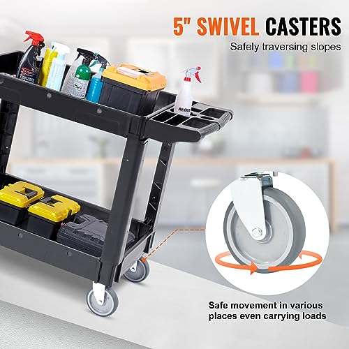 Image of VEVOR Utility Service Cart, 2 Shelf 550LBS Heavy Duty Plastic Rolling Utility Cart, Medium Lipped Shelf, 360 Swivel Wheels, Ergonomic Storage Handle for Warehouse Garage, Black