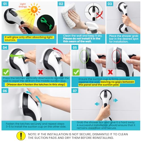 Image of TAILI Shower Grab Bars,Suction Shower Handles,Glow in The Dark,12.2 inch,Black