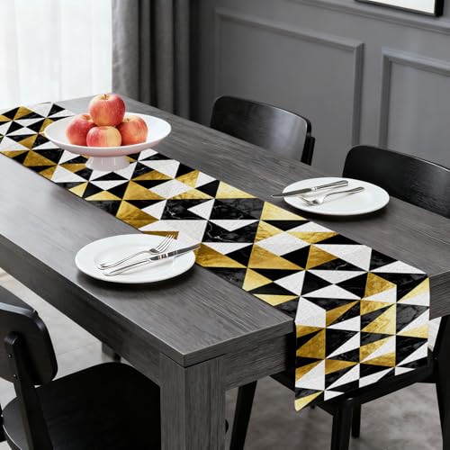 Image of Nuxovilar Gold Triangle Table Runner Flax 13x72 in | Holiday Runner Flax Placemats Dining Accessories Set Formal Dinner Event Room (Black Gold White Triangle)