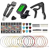Guitar Accessories Kit Include Acoustic Guitar Strings, Tuner, Capo, 3-in-1 Restring Tool, Pick Holder, Bridge Pins, Nuts & Saddles, Fretboard Stickers
