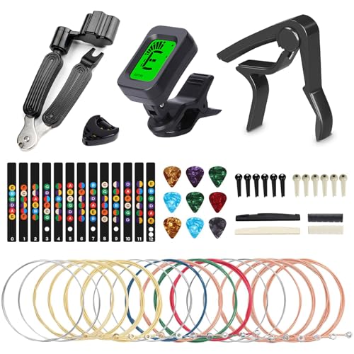 Guitar Accessories Kit Include Acoustic Guitar Strings, Tuner, Capo, 3-in-1 Restring Tool, Pick Holder, Bridge Pins, Nuts & Saddles, Fretboard Stickers