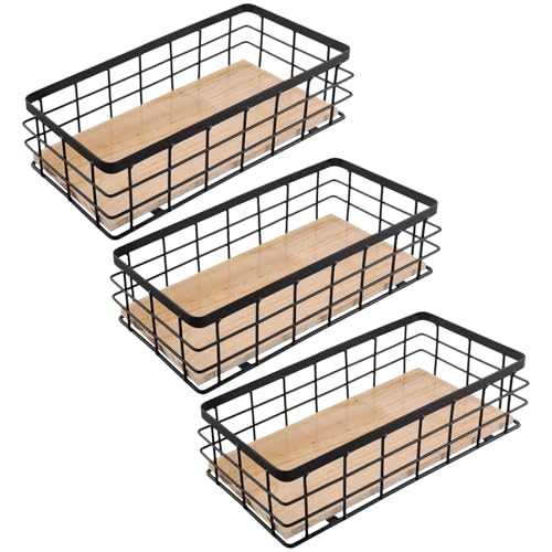 MOUYAT 3 Pack Small Wire Storage Basket, Metal Wire Basket Bins, Decorative Wood Base Organizer for Kitchen, Laundry Room, 25 x 10 x 7cm